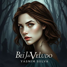 Book cover design for 'Beijo de Veludo' by Yasmim Silva featuring the protagonist with brown eyes and brown hair, white skin with light freckles