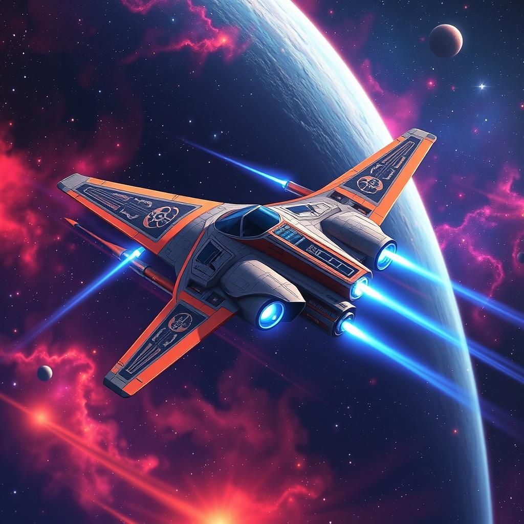 A sleek and agile starfighter soaring through the vastness of space, characterized by its aerodynamic design and vibrant color palette