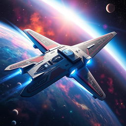 A sleek and agile starfighter soaring through the vastness of space, characterized by its aerodynamic design and vibrant color palette