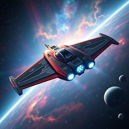 A sleek and agile starfighter soaring through the vastness of space, characterized by its aerodynamic design and vibrant color palette