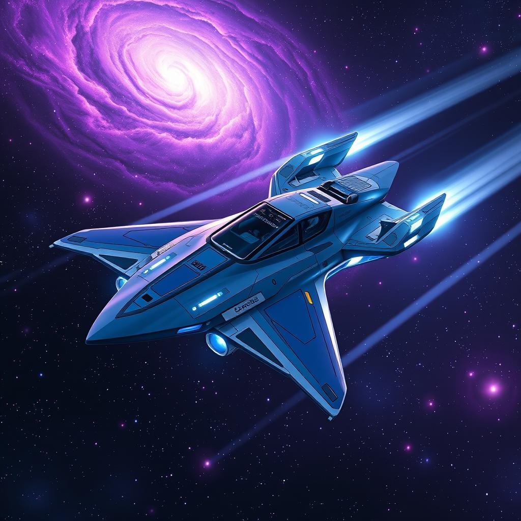 A futuristic starfighter gliding through the dark expanse of space, showcasing a sleek and angular design that emphasizes speed and agility