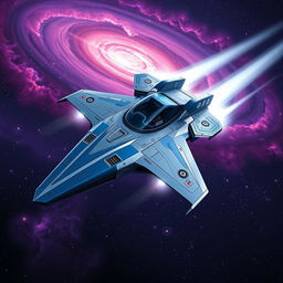 A futuristic starfighter gliding through the dark expanse of space, showcasing a sleek and angular design that emphasizes speed and agility