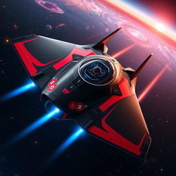 A dynamic and futuristic starfighter cutting through the darkness of space, showcasing a streamlined, angular design with sharp edges