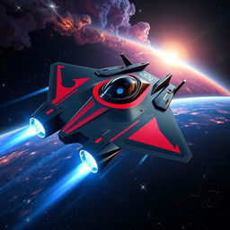 A dynamic and futuristic starfighter cutting through the darkness of space, showcasing a streamlined, angular design with sharp edges