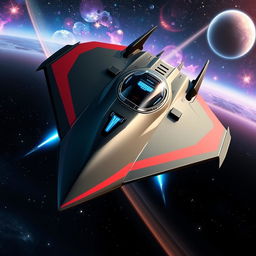 A dynamic and futuristic starfighter cutting through the darkness of space, showcasing a streamlined, angular design with sharp edges