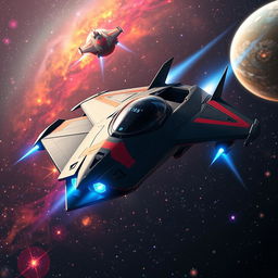 A dynamic and futuristic starfighter cutting through the darkness of space, showcasing a streamlined, angular design with sharp edges