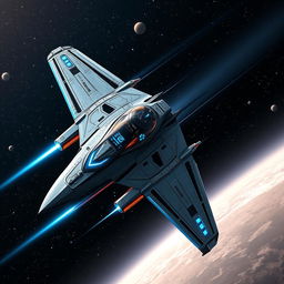 An advanced starfighter soaring through the void of space, showcasing a sleek and aggressive design with sharp angles and a glossy finish