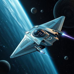 An advanced starfighter soaring through the void of space, showcasing a sleek and aggressive design with sharp angles and a glossy finish