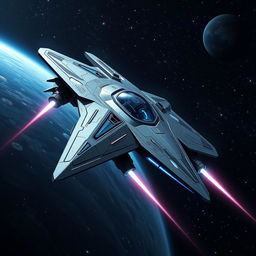 An advanced starfighter soaring through the void of space, showcasing a sleek and aggressive design with sharp angles and a glossy finish