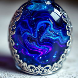 A shimmering potion swirling with vibrant colors reminiscent of the night sky, including deep blues, purples, and sparkling silver hues that glimmer like stars