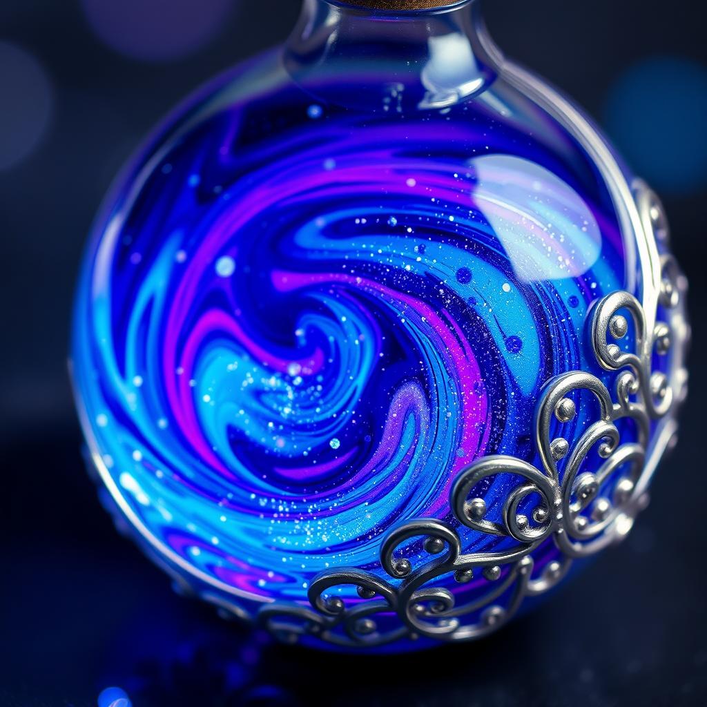 A shimmering potion swirling with vibrant colors reminiscent of the night sky, including deep blues, purples, and sparkling silver hues that glimmer like stars