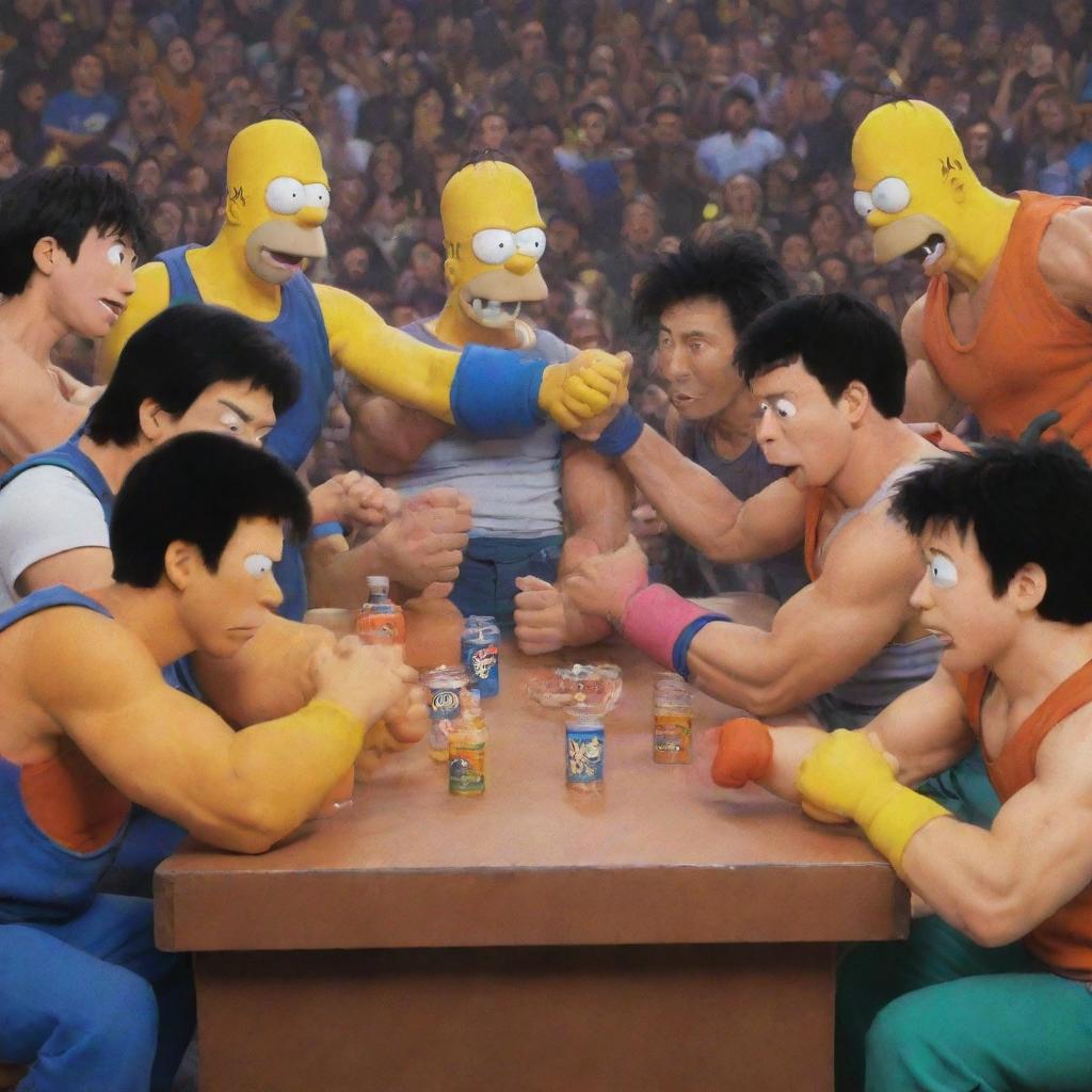 An epic scene showing Homer Simpson and Goku from Dragon Ball in a friendly arm wrestling competition, surrounded by their respective universes' characters cheering them on.