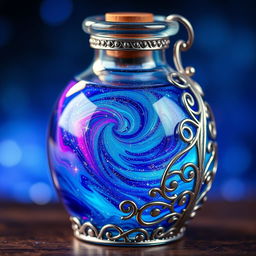 A shimmering potion swirling with vibrant colors reminiscent of the night sky, including deep blues, purples, and sparkling silver hues that glimmer like stars