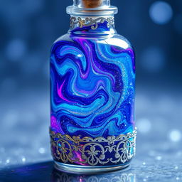 A shimmering potion swirling with vibrant colors reminiscent of the night sky, including deep blues, purples, and sparkling silver hues that glimmer like stars