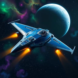 An impressive starfighter soaring through the expansive void of space, characterized by its sleek, aerodynamic shape resembling a predatory bird