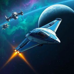 An impressive starfighter soaring through the expansive void of space, characterized by its sleek, aerodynamic shape resembling a predatory bird