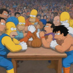 An epic scene showing Homer Simpson and Goku from Dragon Ball in a friendly arm wrestling competition, surrounded by their respective universes' characters cheering them on.