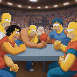 An epic scene showing Homer Simpson and Goku from Dragon Ball in a friendly arm wrestling competition, surrounded by their respective universes' characters cheering them on.