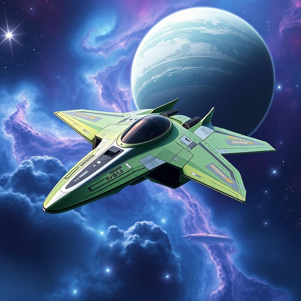 A powerful starfighter flying at high speed through the vast expanse of space, designed with a futuristic and aerodynamic silhouette that suggests both elegance and aggression