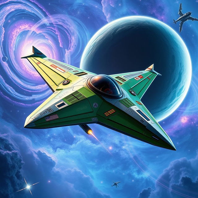 A powerful starfighter flying at high speed through the vast expanse of space, designed with a futuristic and aerodynamic silhouette that suggests both elegance and aggression