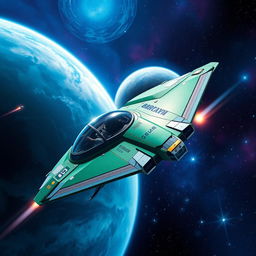 A powerful starfighter flying at high speed through the vast expanse of space, designed with a futuristic and aerodynamic silhouette that suggests both elegance and aggression