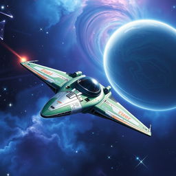 A powerful starfighter flying at high speed through the vast expanse of space, designed with a futuristic and aerodynamic silhouette that suggests both elegance and aggression