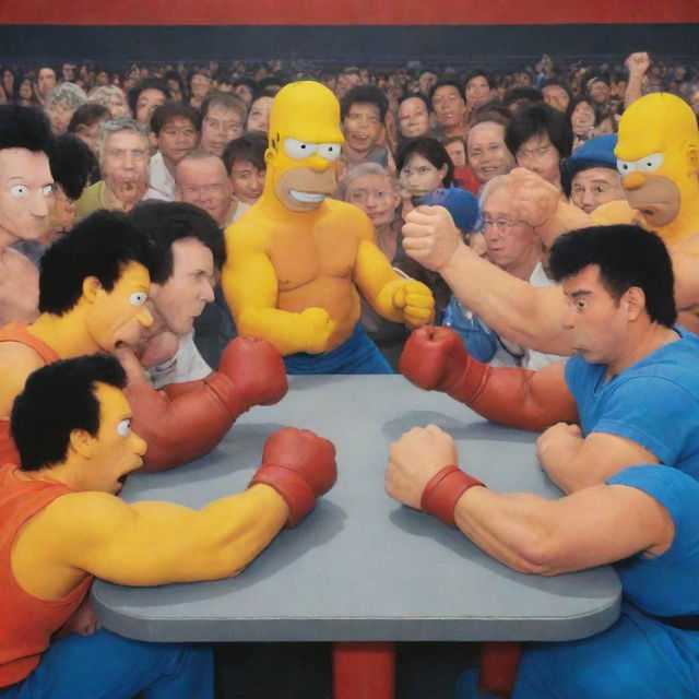 An epic scene showing Homer Simpson and Goku from Dragon Ball in a friendly arm wrestling competition, surrounded by their respective universes' characters cheering them on.