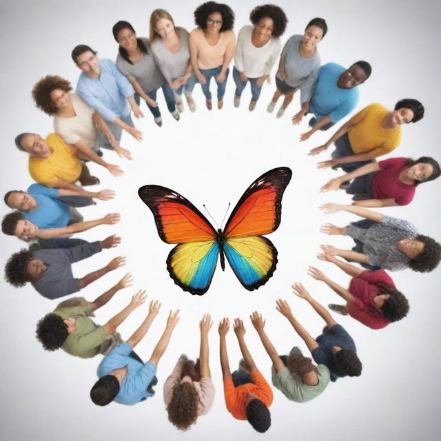 A group of diverse individuals forming a social circle, with their unity creating the shape of a vibrant butterfly at the center.