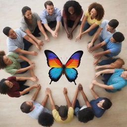 A group of diverse individuals forming a social circle, with their unity creating the shape of a vibrant butterfly at the center.