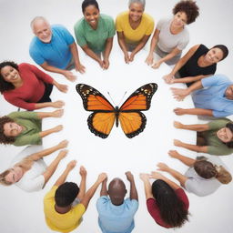 A group of diverse individuals forming a social circle, with their unity creating the shape of a vibrant butterfly at the center.