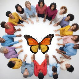 A group of diverse individuals forming a social circle, with their unity creating the shape of a vibrant butterfly at the center.