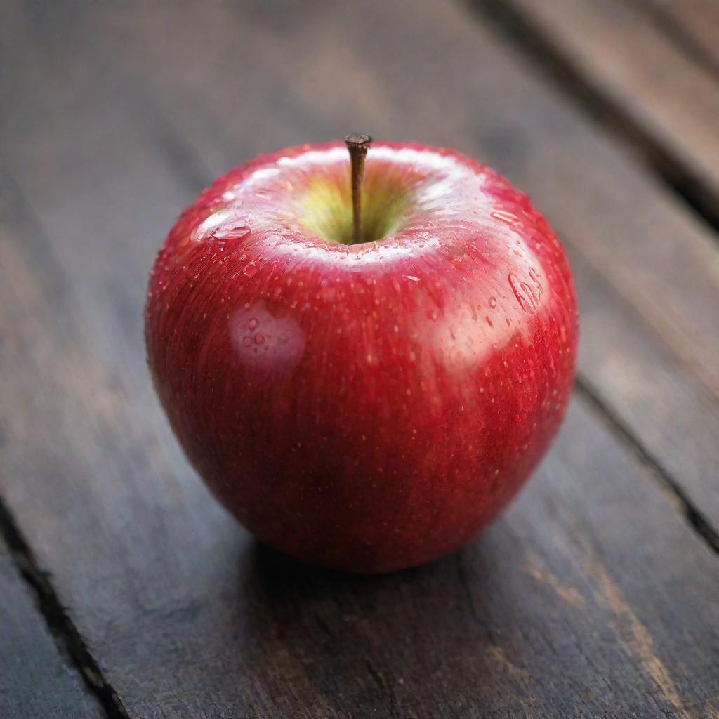 A vibrant, juicy apple with a dewdrop on its bright red skin, sitting on a rustic wooden table.