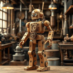 A detailed steampunk robot design made of intricately polished wood and exposed metal components, featuring gears, cogs, and steam pipes