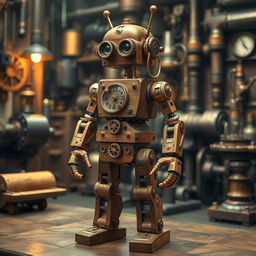 A detailed steampunk robot design made of intricately polished wood and exposed metal components, featuring gears, cogs, and steam pipes