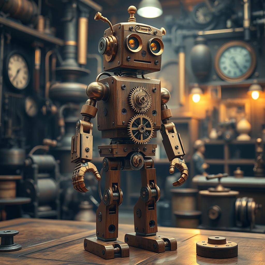 A detailed steampunk robot design made of intricately polished wood and exposed metal components, featuring gears, cogs, and steam pipes