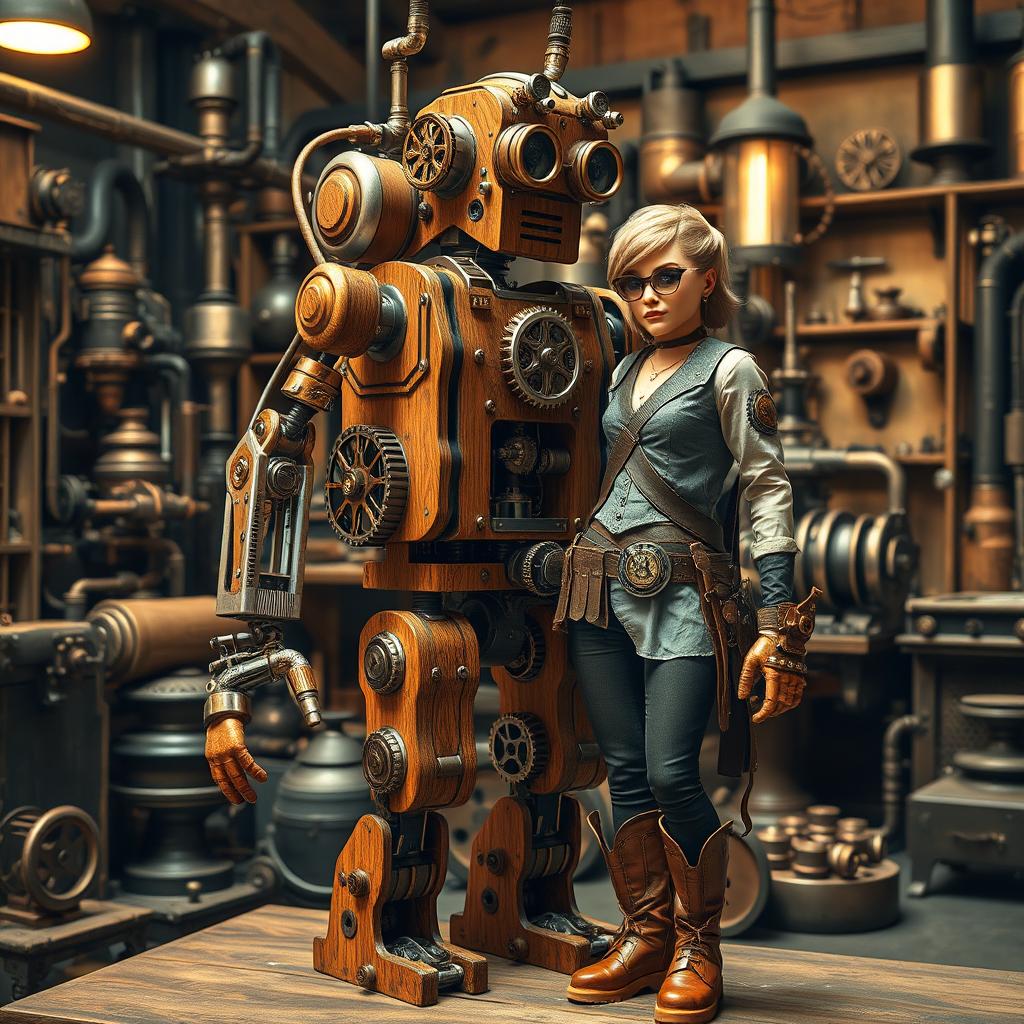 A detailed steampunk robot design made of intricately polished wood and exposed metal components, featuring gears, cogs, and steam pipes