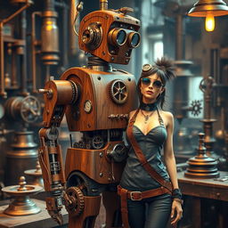 A detailed steampunk robot design made of intricately polished wood and exposed metal components, featuring gears, cogs, and steam pipes