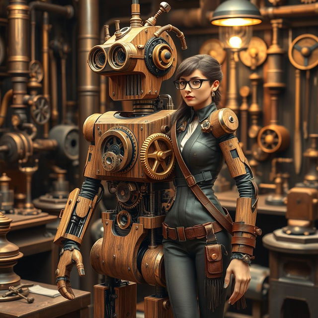 A detailed steampunk robot design made of intricately polished wood and exposed metal components, featuring gears, cogs, and steam pipes