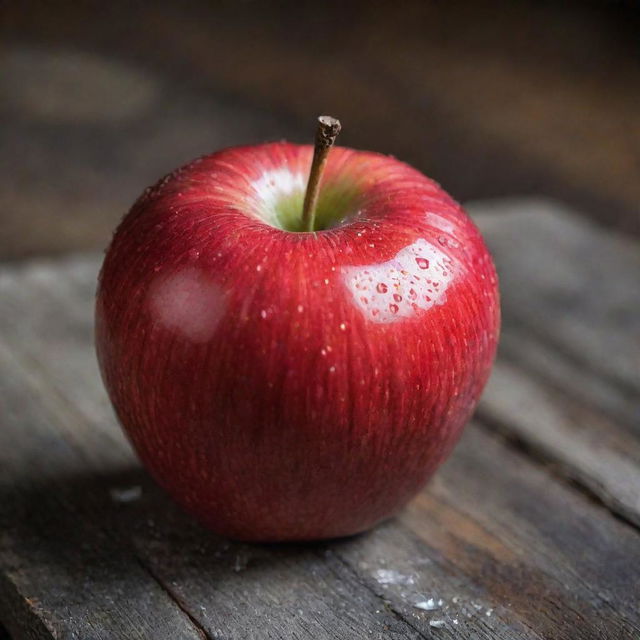 A vibrant, juicy apple with a dewdrop on its bright red skin, sitting on a rustic wooden table.