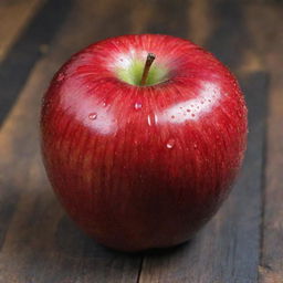 A vibrant, juicy apple with a dewdrop on its bright red skin, sitting on a rustic wooden table.