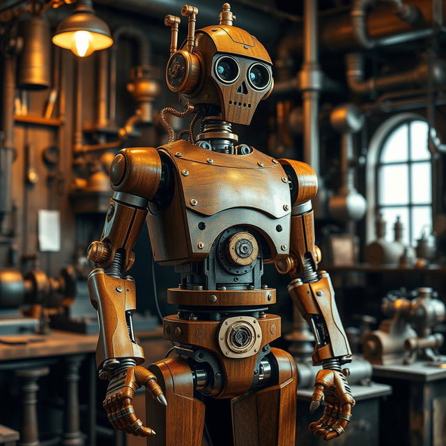 A striking steampunk robot with a human-like figure, intricately designed with polished wood and exposed metal components