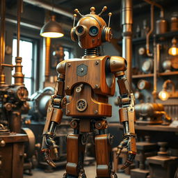 A striking steampunk robot with a human-like figure, intricately designed with polished wood and exposed metal components