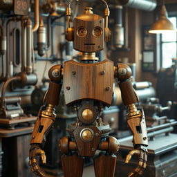 A striking steampunk robot with a human-like figure, intricately designed with polished wood and exposed metal components