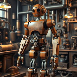 A striking steampunk robot with a human-like figure, intricately designed with polished wood and exposed metal components