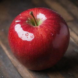 A vibrant, juicy apple with a dewdrop on its bright red skin, sitting on a rustic wooden table.