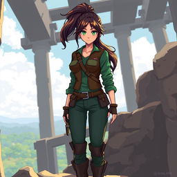 A female character of medium height with an agile and athletic figure reflecting her survival training