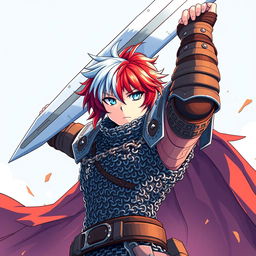 A powerful human fighter in an action-packed stance, lifting a massive greatsword high above their head