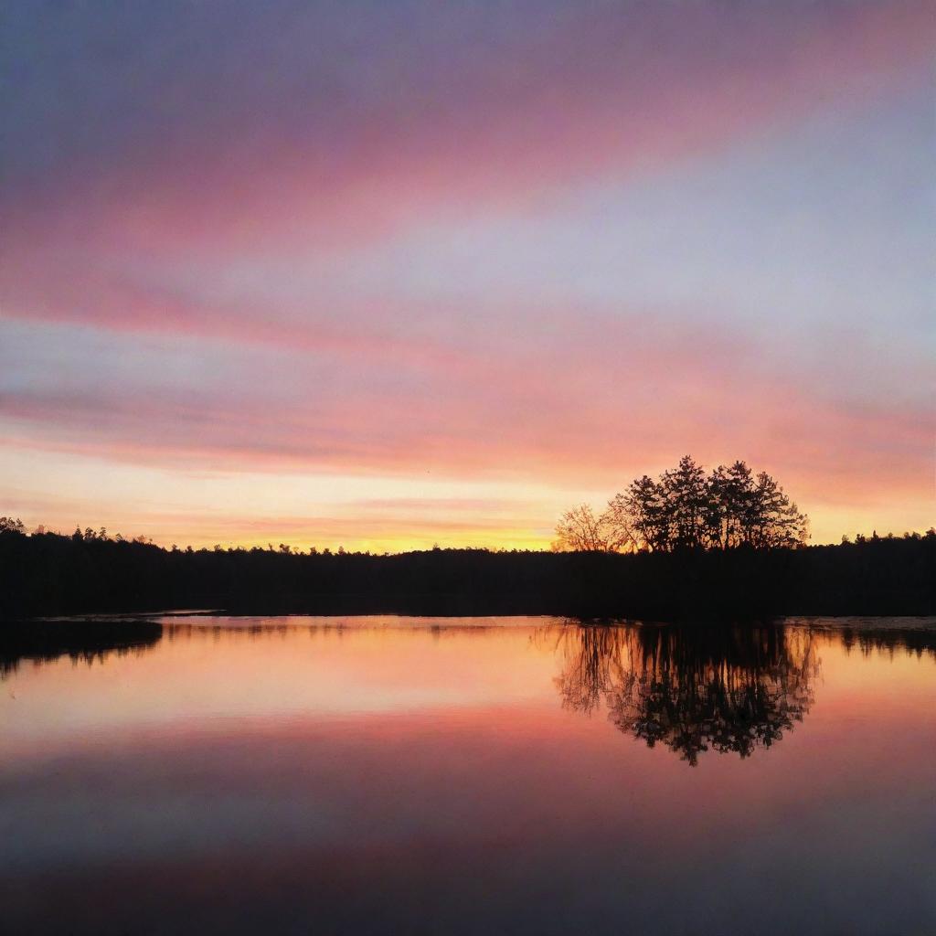 A serene sunset over a calm, glassy lake with silhouettes of treetops against the colourful sky.