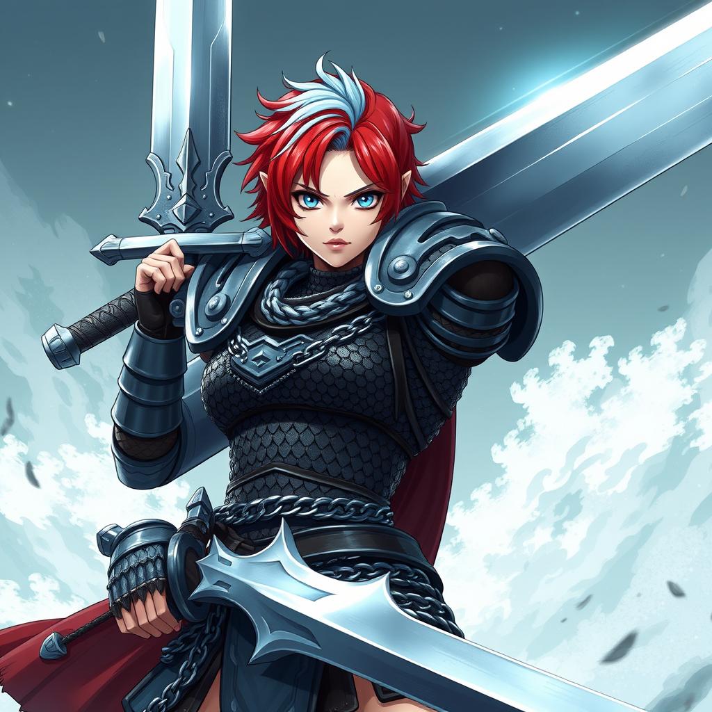 A formidable agender human fighter wielding a gigantic greatsword, gender-neutral in appearance, with short hair that is fire red and ice blue