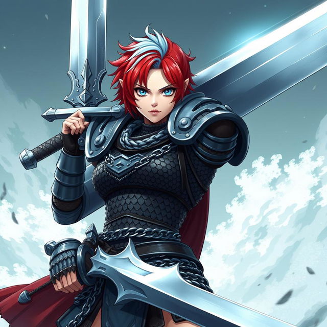 A formidable agender human fighter wielding a gigantic greatsword, gender-neutral in appearance, with short hair that is fire red and ice blue